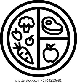 Minimalist line icon of a balanced diet with healthy food and nutrition symbols.
