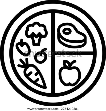 Minimalist line icon of a balanced diet with healthy food and nutrition symbols.