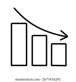 Ein minimalistisches Liniensymbol eines Balkendiagramms mit einem Abwärtspfeil, einzeln auf weißem Hintergrund. Vektorsymbol für Geschäftsrückgang, Konzept für finanzielle Verluste, negative Analysen, Rückgang des Fortschritts