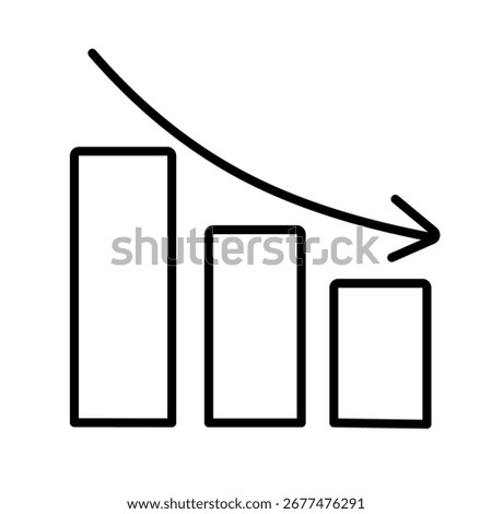 A minimalist line icon of a bar graph with a downward arrow, isolated on white background. Vector business decline symbol, financial loss concept, negative analytics, decrease in progress