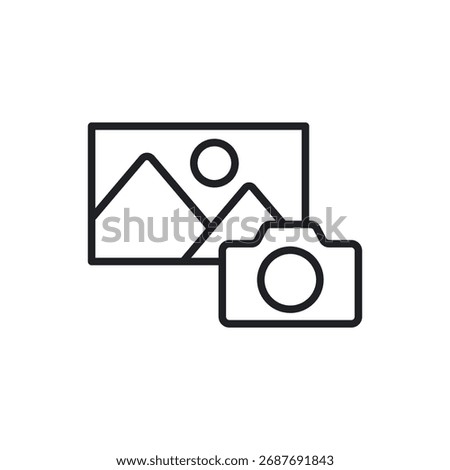 Minimalist line icon of a camera overlapping a landscape image.