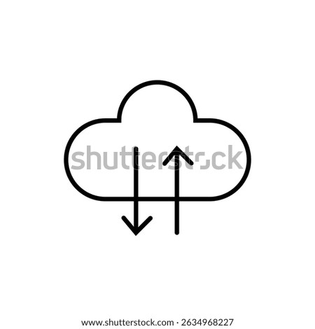 Minimalist line icon of a cloud with up and down arrows, symbolizing cloud storage, data transfer, upload, and download in a digital or online environment.