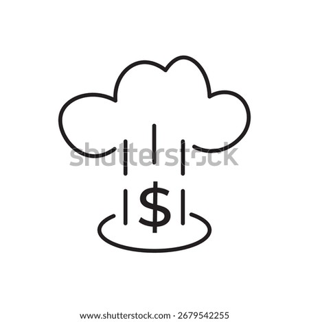 Minimalist line icon of a cloud raining dollar signs onto a base. Perfect for symbolizing financial windfalls, investment returns, money growth, economic prosperity, and revenue streams in apps.