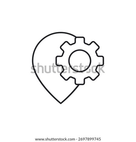 Minimalist line icon combining a map location pin with a configuration gear symbol.