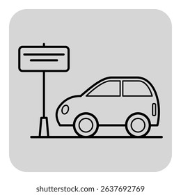 Minimalist line icon of compact car parked beside vertical sign post, illustrating common urban setting for transit or directional guidance.