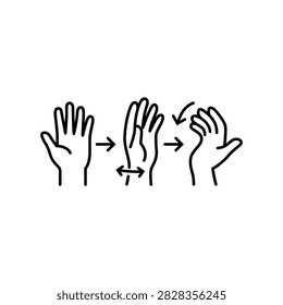 Minimalist line icon demonstrating step by step hand and wrist stretching movements for RSI prevention.
