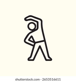 Um ícone de linha minimalista representando uma pessoa que executa um estiramento de curvatura lateral, ideal para representar exercícios de flexibilidade, aquecimento e exercícios de fitness.