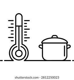 A minimalist line icon depicting a thermometer and pot, symbolizing food temperature control, in a simple black outline style on a white background, ideal for illustrating safe meal storage and cookin