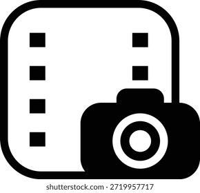 Icono de línea minimalista de una Galería con el símbolo de la cámara, tema de organización de fotos de medios.