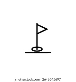 A minimalist line icon of a golf flag in a hole on the green. Symbol for golf, finishing, and achieving a goal.
