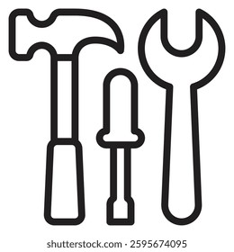 Minimalist line icon of a hammer, wrench, and screwdriver. Perfect for Labor Day, construction, repair, industry, and DIY projects. Ideal for engineering and mechanical themes.
