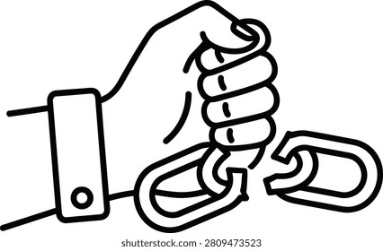 Minimalist line icon of a hand breaking a metal chain, representing freedom, breaking ties, overcoming obstacles, or ending a contract.