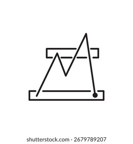 Minimalist line icon of a jagged line graph framed by horizontal lines, symbolizing market trends. Ideal for stock fluctuations, economic cycles, performance metrics, and investment analysis design.