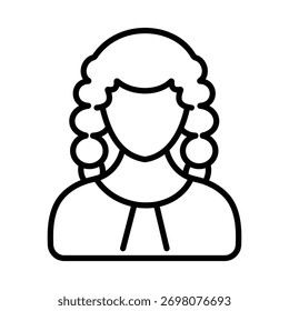 Ícone de linha minimalista de um juiz ou barrister vestindo uma peruca judicial e roupão. Simboliza a profissão jurídica, a justiça, a autoridade judicial e os serviços jurídicos.
