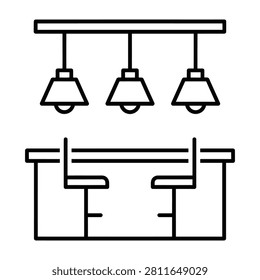 Minimalist line icon of a kitchen island counter with two bar stools and three hanging pendant lights above. Perfect for interior design, home renovation concepts.