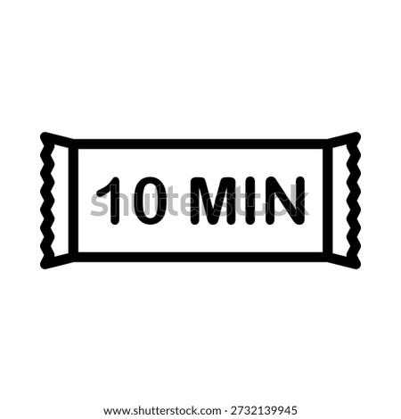 Minimalist line icon of a nicotine pouch with 10 MIN text symbol. Graphic element for packaging indicating 10 minutes session length or fast nicotine hit for smokeless tobacco. Isolated on white background.
