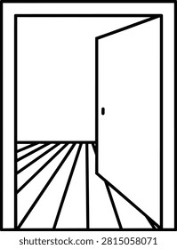 Minimalist line icon of an open door leading into a room with wooden floorboards, isolated on a white background