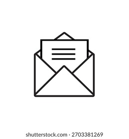Minimalist line icon of an open envelope containing a document with text lines, representing mail communication, notifications, and message delivery