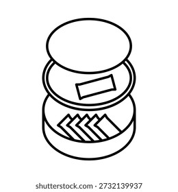 Minimalist line icon of an opened snus puck showing storage layers. Exploded view of a nicotine pouch container filled with new and used portion bags. Detailed packaging structure for smokeless tobacco. Isolated on white background.