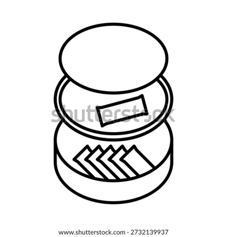 Minimalist line icon of an opened snus puck showing storage layers. Exploded view of a nicotine pouch container filled with new and used portion bags. Detailed packaging structure for smokeless tobacco. Isolated on white background.