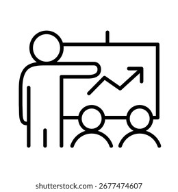 A minimalist line icon of a presentation scene. A person is pointing another peoples a line graph that shows an upward trend, indicating growth and progress. Business strategy icon, symbol of success