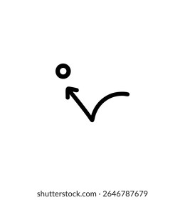 A minimalist line icon representing a bounce left animation effect, showing a trajectory arc and a dot. Isolated on a white background.