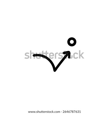 A minimalist line icon representing a bounce right animation effect, showing a trajectory arc and a dot. Isolated on a white background.