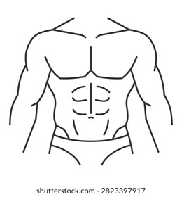 A minimalist line icon representing a fit male torso with well defined pectoral muscles and a six pack abdomen, perfect for health, fitness, and wellness branding.