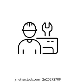 Ícone de linha minimalista representando o trabalhador industrial com chave inglesa perto da maquinaria