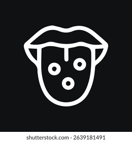 A minimalist line icon representing a mouth and tongue with spots potentially indicating a condition or infection, presented against a dark background.