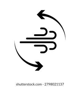 Minimalist line icon of rotating air flow with arrows representing ventilation, air circulation, cooling system, wind movement, climate control, refresh, and airflow direction isolated on gray backgro	
