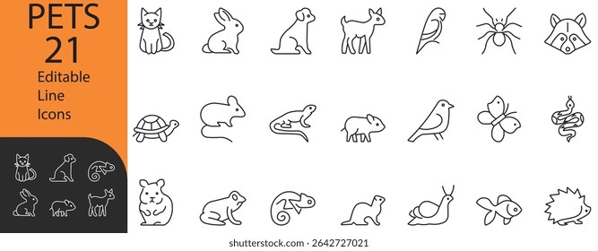 Minimalist line icon set of 21 pet animals including cat, dog, rabbit, bird, fish, turtle, snake, and more. Perfect for pet apps, websites, logos, and infographics.