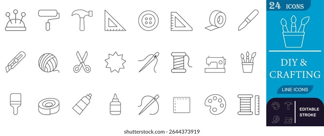 Minimalist line icon set for DIY and crafting projects, featuring tools like glue, needle, yarn, scissors, and sewing machine. Ideal for hobby, handmade, and design apps.