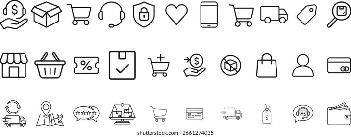 Minimalist line icon set for e-commerce and online shopping, including symbols for payment, delivery, support, cart, and user interface elements.