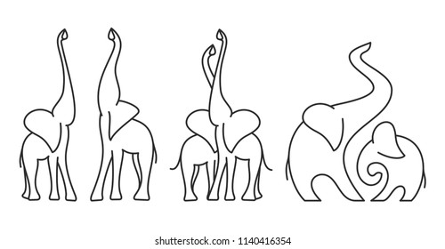 Minimalist line icon set of elephants couple. Abstract Logo template of elephant family. Vector illustration.