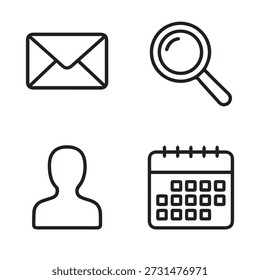 Conjunto de iconos de línea minimalista de sobre, lupa, perfil de usuario y calendario.