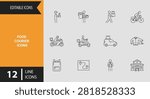 Minimalist line icon set featuring food courier riders delivery scooter drivers order dropoff symbols and fast dispatch graphics for mobile applications