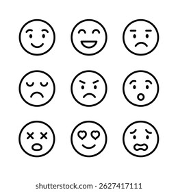 A minimalist line icon set featuring a collection of expressive emoticons representing various human emotions