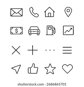 Conjunto minimalista de ícones de linha com símbolos para correio, telefone, casa, localização, dinheiro, carro, combustível, gráfico, mais, menos, navegação, como, estrela e coração. Limpar o design da estrutura de tópicos para UI UX ou aplicativos Web