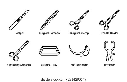Minimalist line icon set featuring essential surgical instruments and medical equipment. Includes a scalpel, surgical forceps, clamp, needle holder, operating scissors, surgical tray, suture needle, and retractor. Clean black and white linear vector design perfect for healthcare websites, medical textbooks, surgery clinics, educational presentations, infographics, and hospital branding layouts