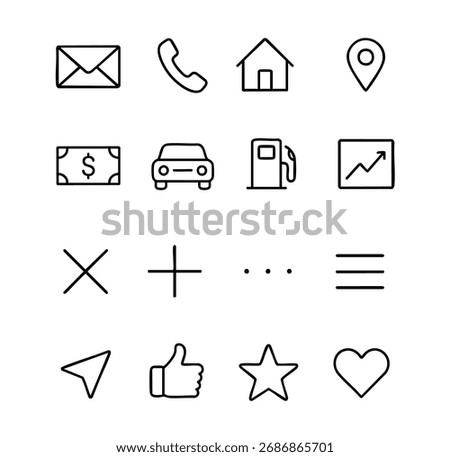 Minimalist line icon set featuring symbols for mail, phone, home, location, money, car, fuel, chart, plus, minus, navigation, like, star, and heart. Clean outline design for UI UX or web apps
