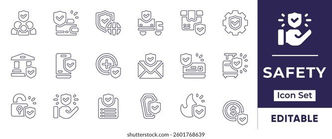 Minimalist line icon set focused on safety, security, protection, emergency response, workplace safety, cybersecurity, risk management, and compliance.