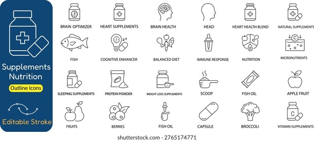 Minimalist line icon set focused on wellness, nutrition, and dietary supplements. Includes icons for brain health, vitamins, protein, fish oil, fruits, and healthy lifestyle concepts. Perfect for healthcare apps, fitness platforms, and nutrition-related designs.