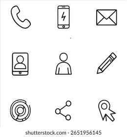 Minimalist Line Icon Set for Mobile Communication and Digital Interface – Vector Design of Phone, Email, Pencil, User Profile, Share, and Technology UI Elements