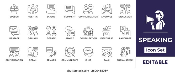 Minimalist line icon set representing speaking, conversation, public speaking, dialogue, discussion, voice chat, meetings, and communication.