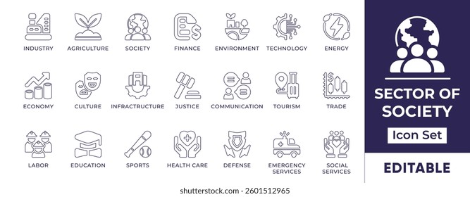 Minimalist line icon set representing various sectors of society, including community, governance, education, healthcare, business, and social services.