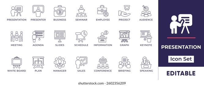 Minimalist line icon set representing business presentations, data visualization, slides, reports, meetings, project proposals, and corporate analytics.