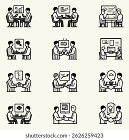 minimalistisches Linien-Icon-Set, das moderne Bürotätigkeiten und Geschäftsteamwork repräsentiert. Enthält 15 schwarz-weiße Vektorsymbole, die Gruppendiskussionen, Teammeetings, Präsentationen, Brainstorming zeigen