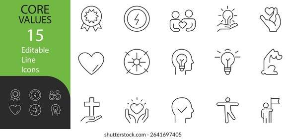 A minimalist line icon set representing core values like integrity, teamwork, and innovation, perfect for corporate branding, presentations, and educational materials.