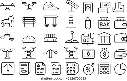 Minimalist line icon set representing playground equipment, banking, and financial management concepts for modern business and lifestyle design